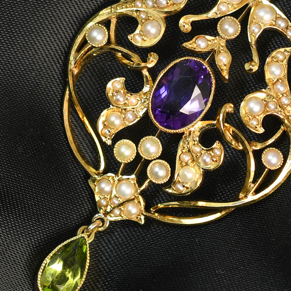 Antique Amethyst, Peridot & Pearl  Suffragette Pendant