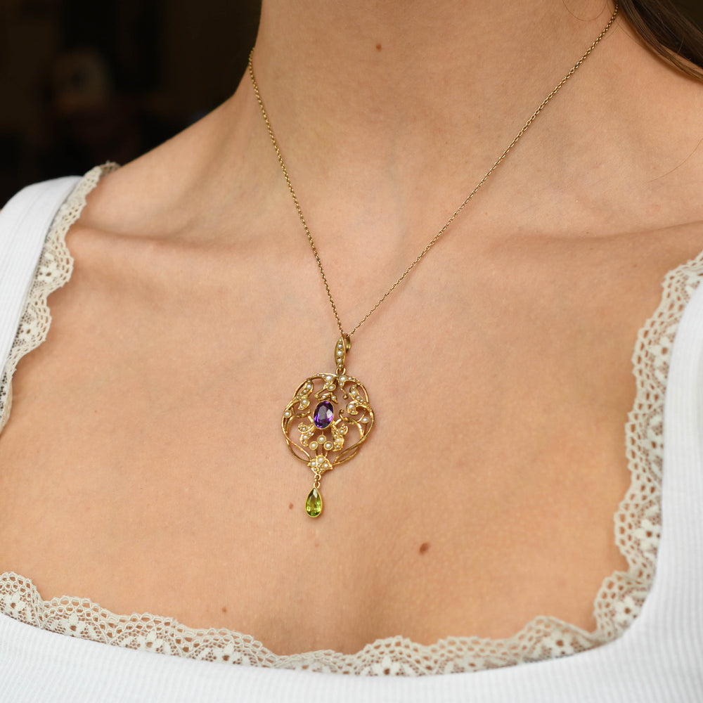 Antique Amethyst, Peridot & Pearl  Suffragette Pendant