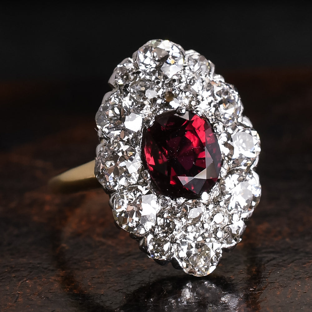 Victorian Ruby & Diamond Oval Cluster Ring