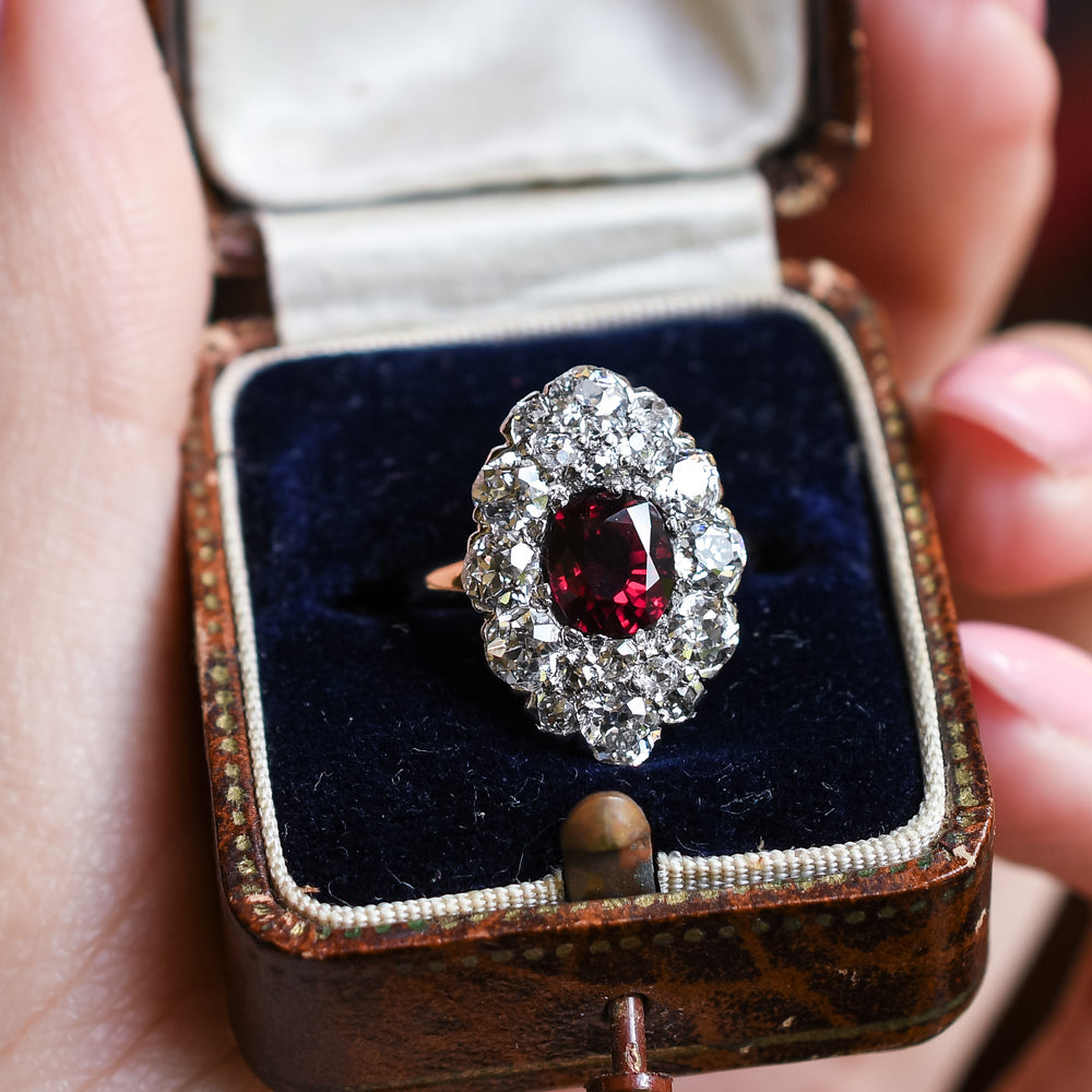 Victorian Ruby & Diamond Oval Cluster Ring