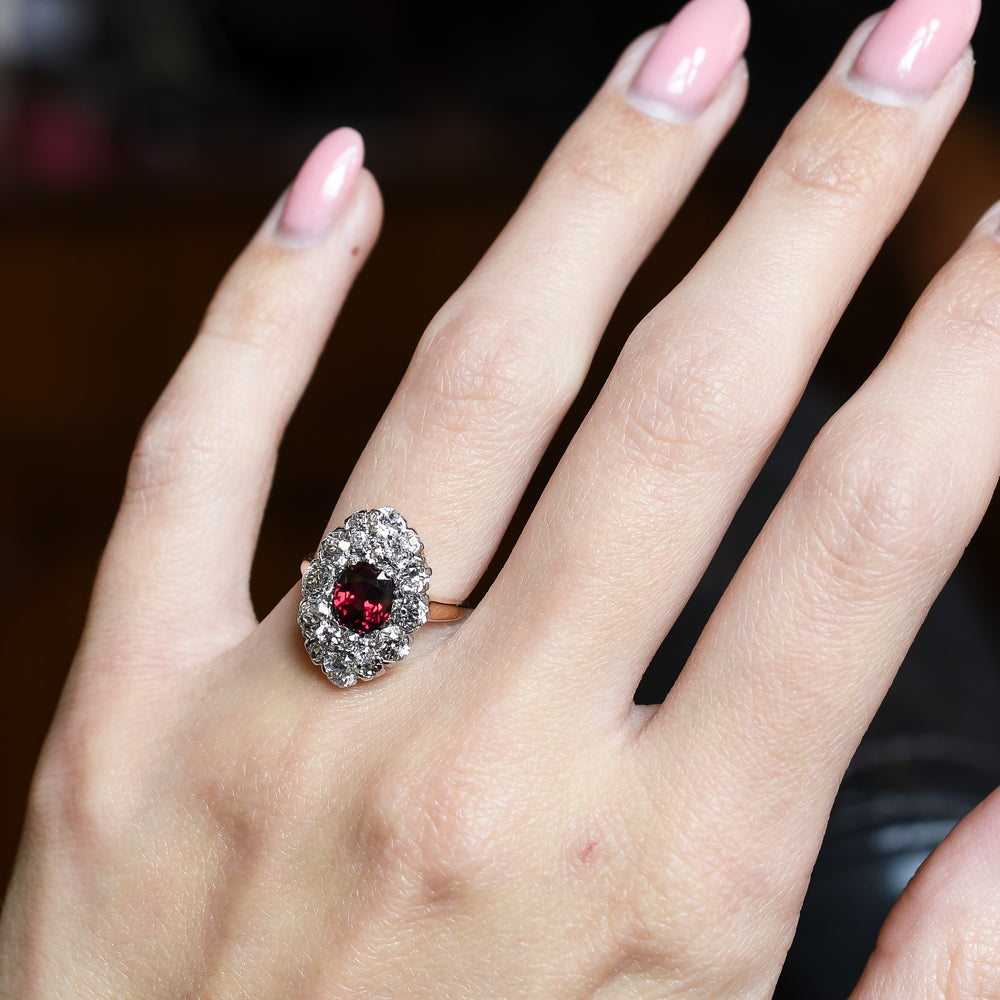 Victorian Ruby & Diamond Oval Cluster Ring