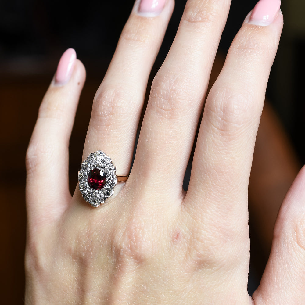 Victorian Ruby & Diamond Oval Cluster Ring