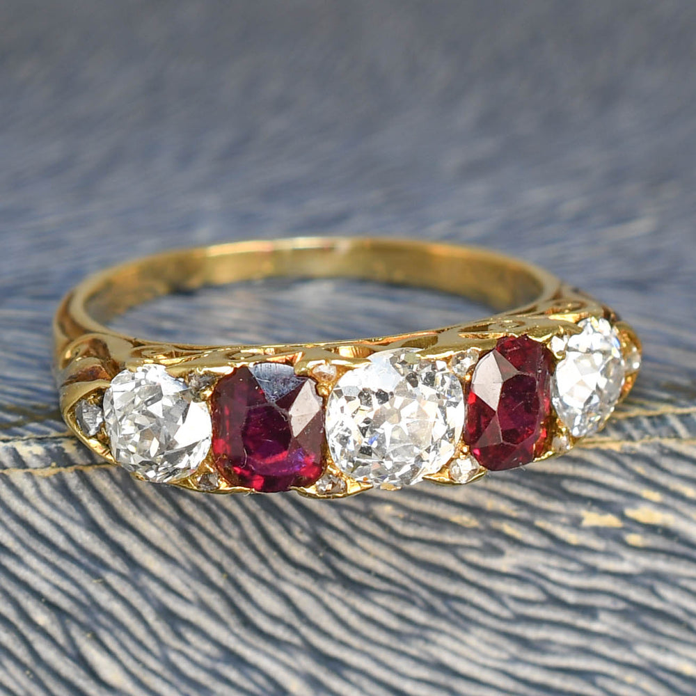 Victorian Burma Ruby & Diamond 5-Stone Half Hoop Ring