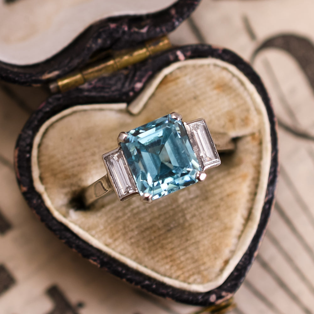 Art Deco Blue Zircon & Diamond Ring