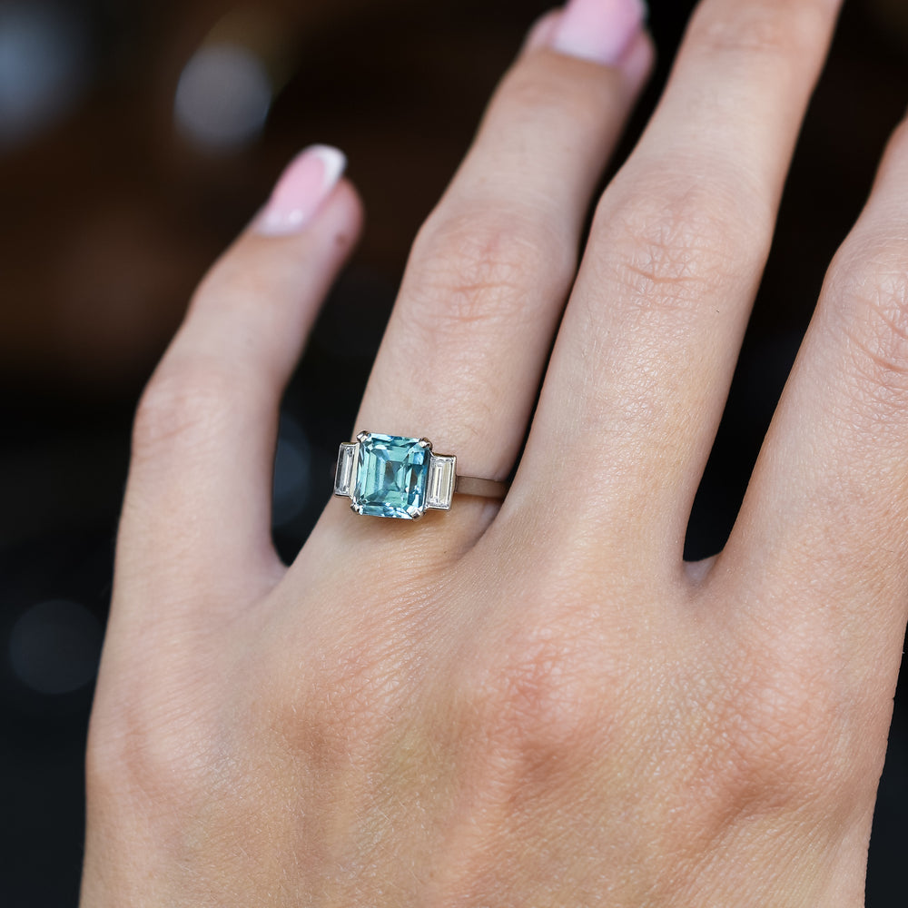 Art Deco Blue Zircon & Diamond Ring