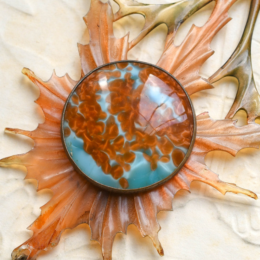 Art Nouveau Carved Horn & Art Glass Flower Necklace by Elizabeth Bonté