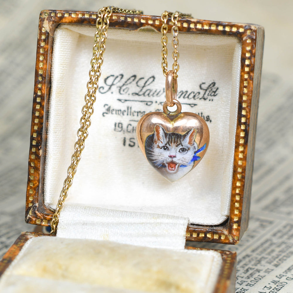 Victorian Enamel Cat Puffed Heart Charm