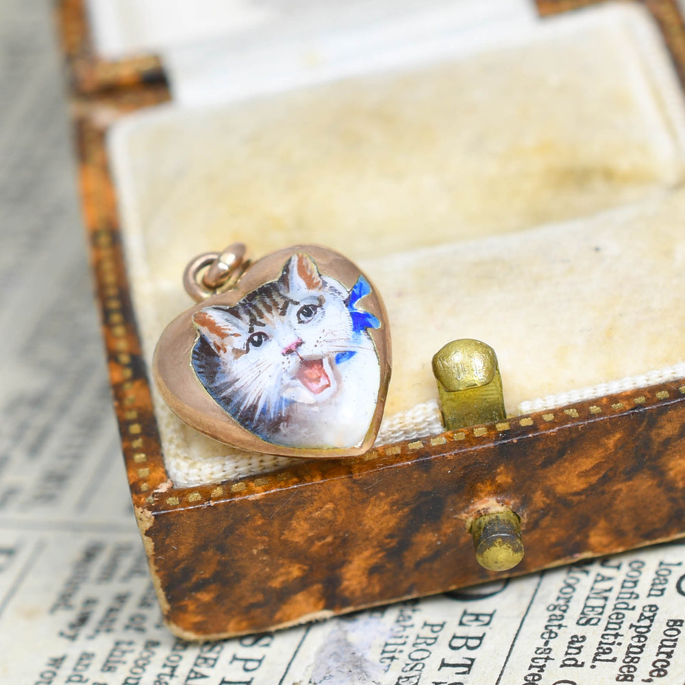 Victorian Enamel Cat Puffed Heart Charm