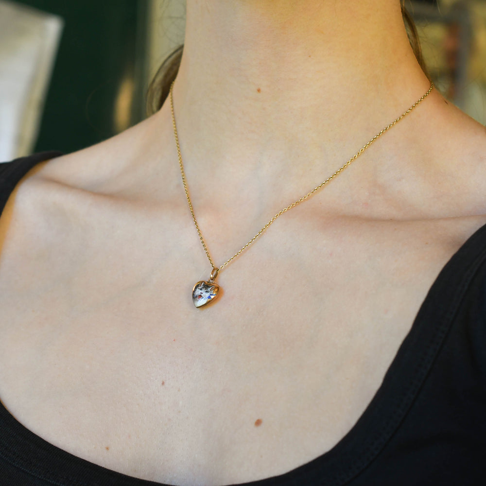 Victorian Enamel Cat Puffed Heart Charm