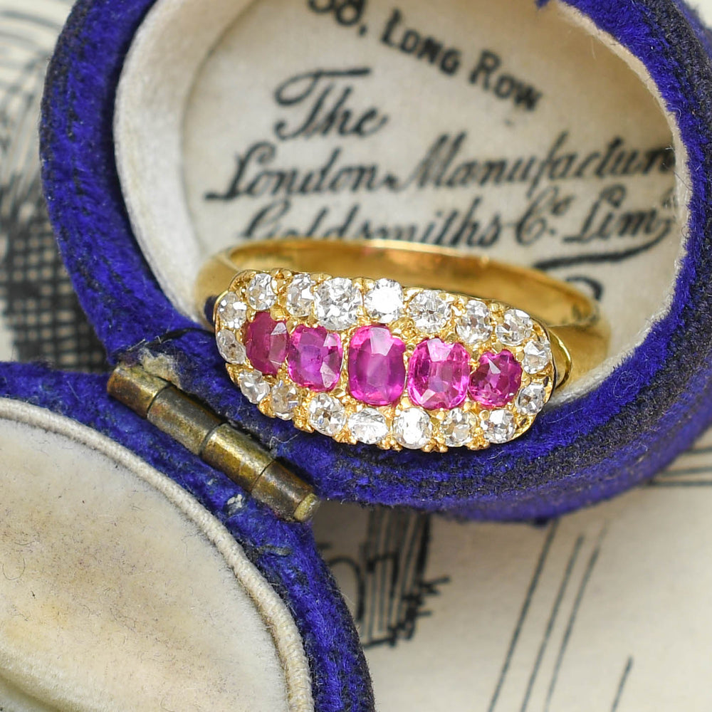 Late Victorian 5-Stone Ruby & Diamond Cluster Ring