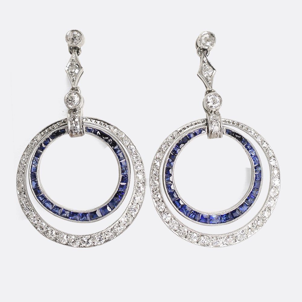 Edwardian Platinum French Sapphire & Diamond Drop Earrings