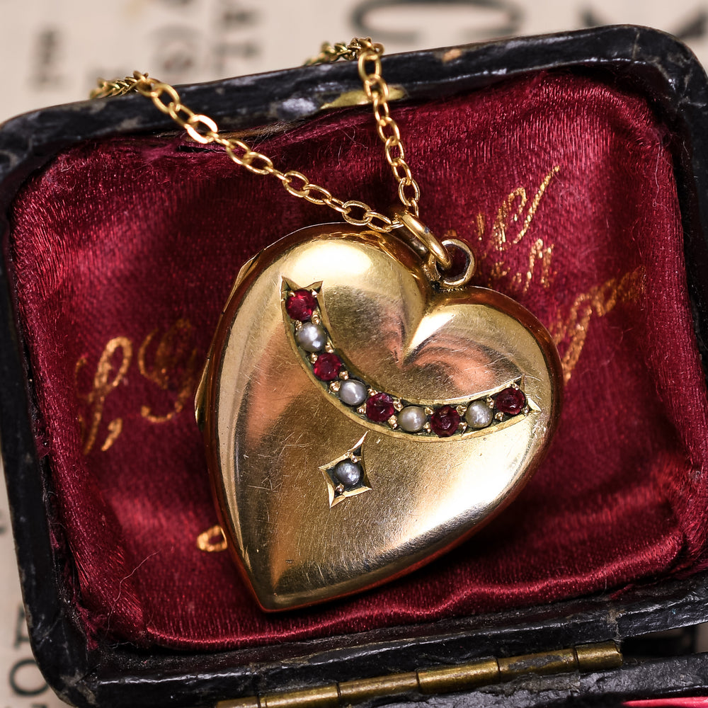 Victorian Ruby & Pearl Heart Locket Pendant