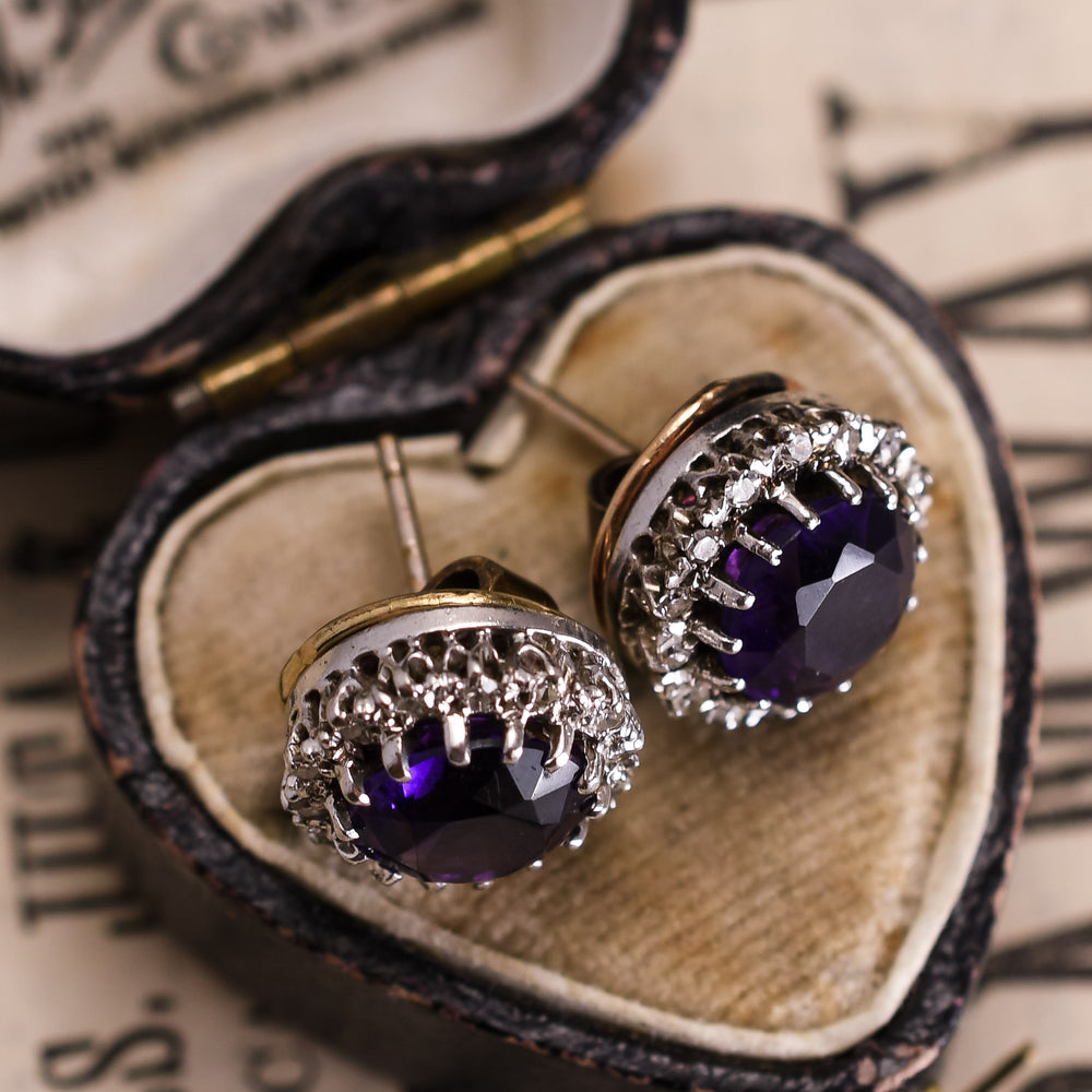 1930's Amethyst & Diamond Stud Earrings