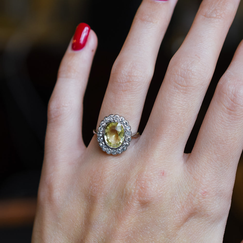 Edwardian 3.75 Carat Yellow Sapphire & Diamond Cluster Ring