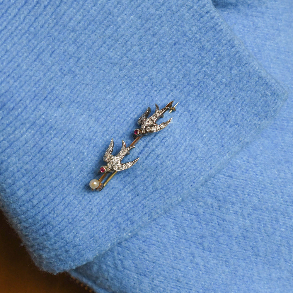 Victorian Diamond, Ruby & Pearl Swallow Brooch