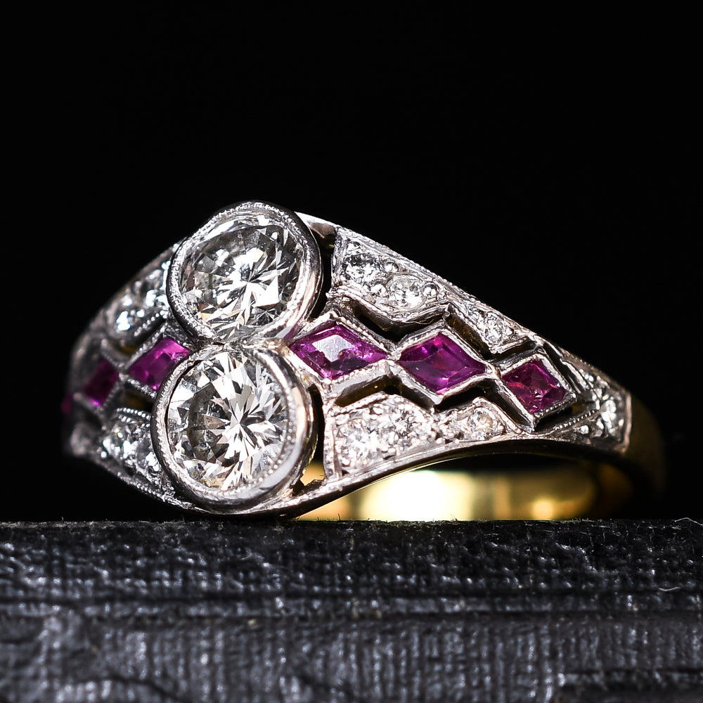 Art Deco 2-Stone Diamond & Ruby Cluster Ring