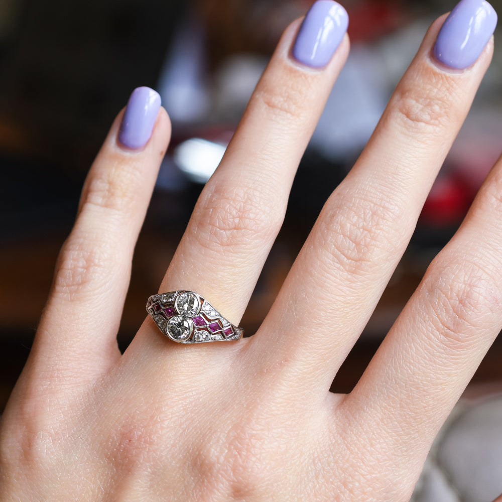 Art Deco 2-Stone Diamond & Ruby Cluster Ring