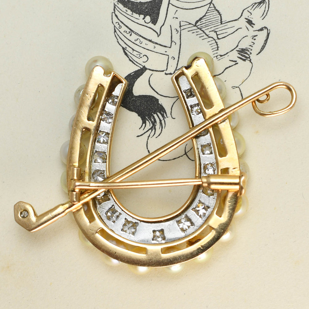 Art Deco Diamond & Pearl Horseshoe and Crop Brooch
