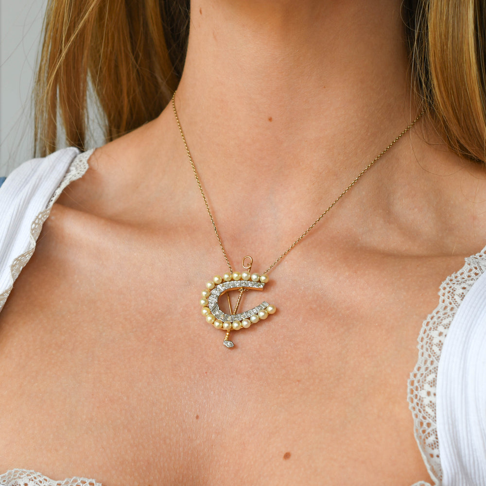 Art Deco Diamond & Pearl Horseshoe and Crop Brooch