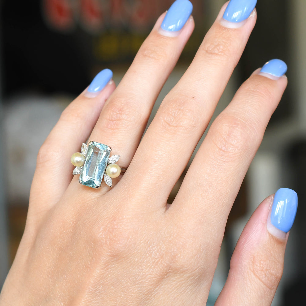 Mid-Century Aquamarine, Diamond & Pearl Cocktail Ring