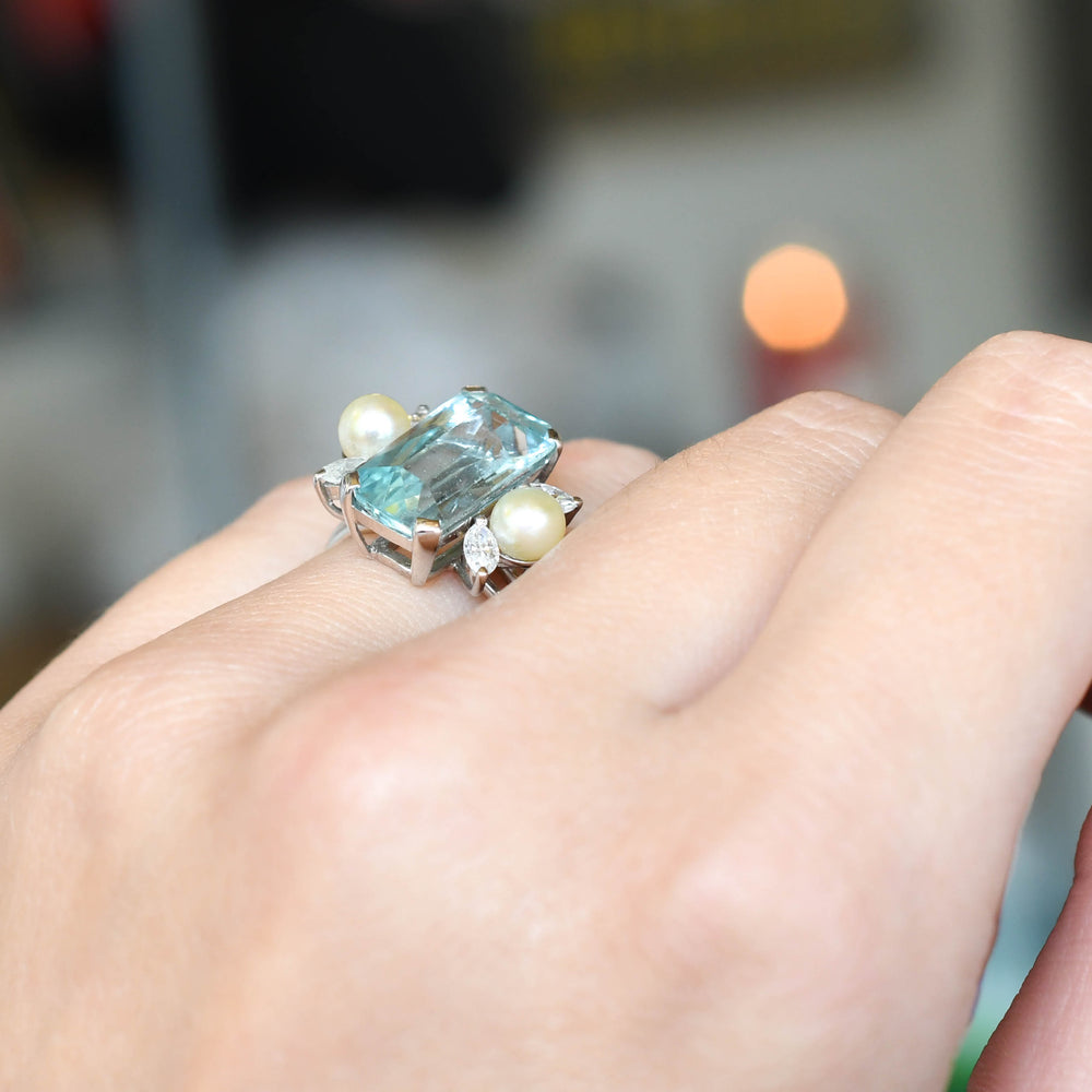 Mid-Century Aquamarine, Diamond & Pearl Cocktail Ring