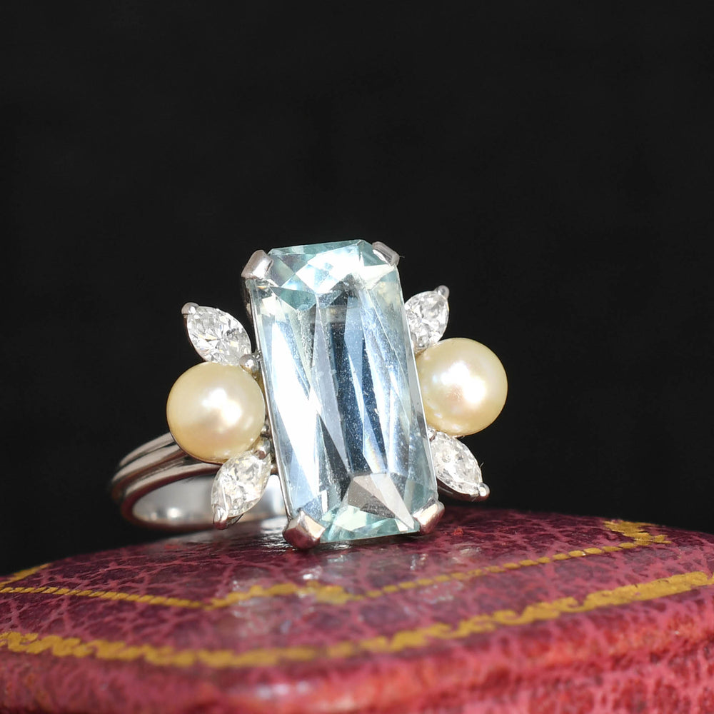 Mid-Century Aquamarine, Diamond & Pearl Cocktail Ring