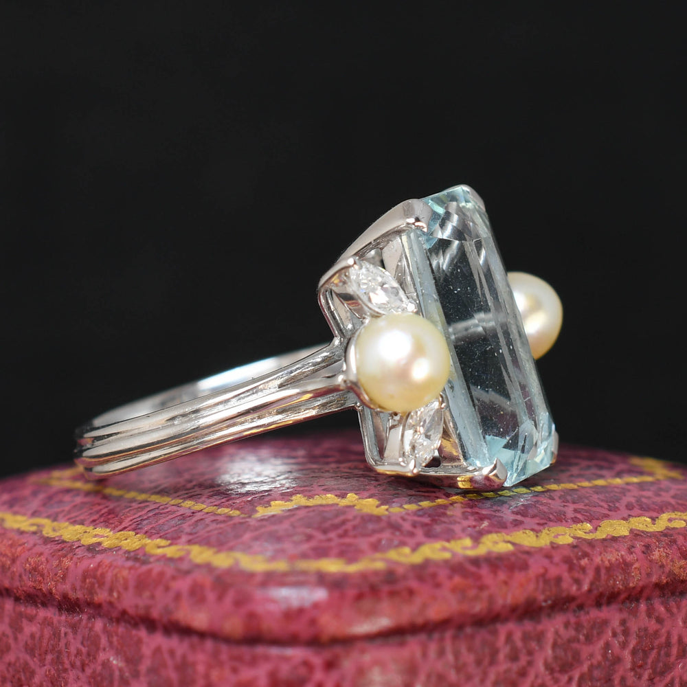 Mid-Century Aquamarine, Diamond & Pearl Cocktail Ring