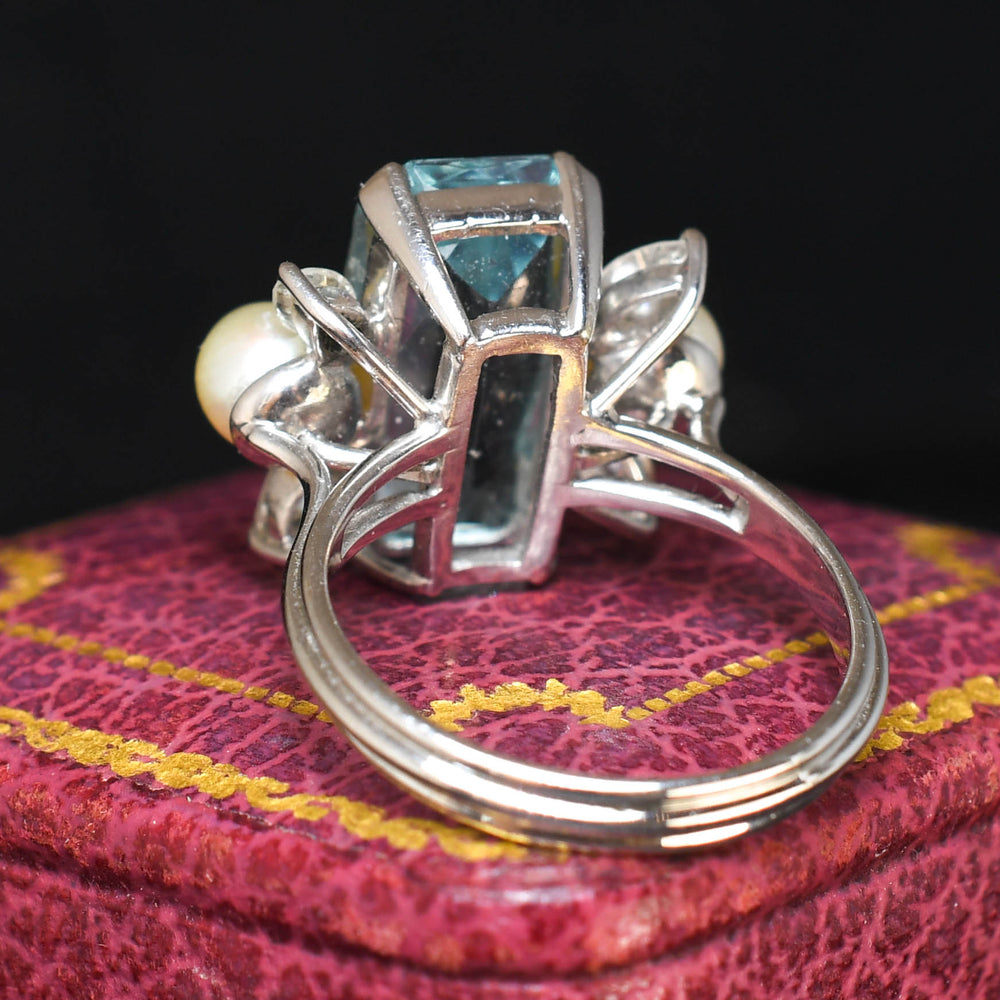 Mid-Century Aquamarine, Diamond & Pearl Cocktail Ring