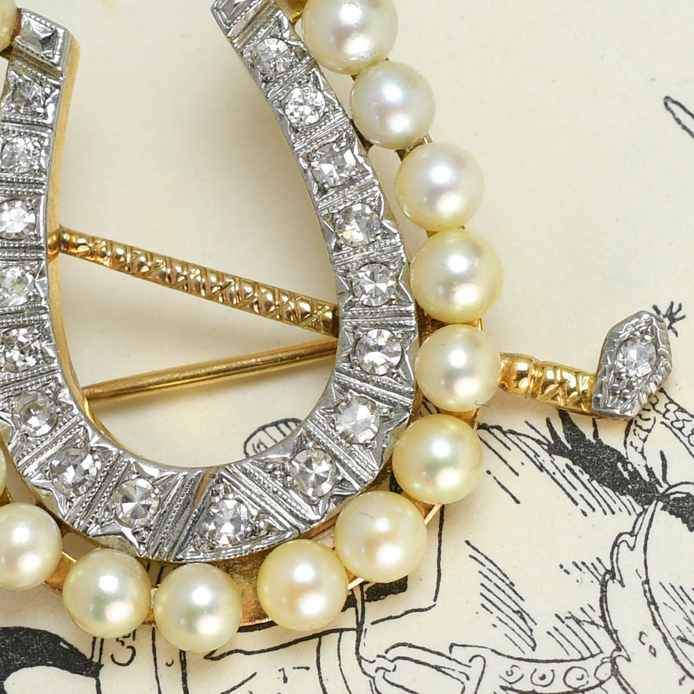 Art Deco Diamond & Pearl Horseshoe and Crop Brooch