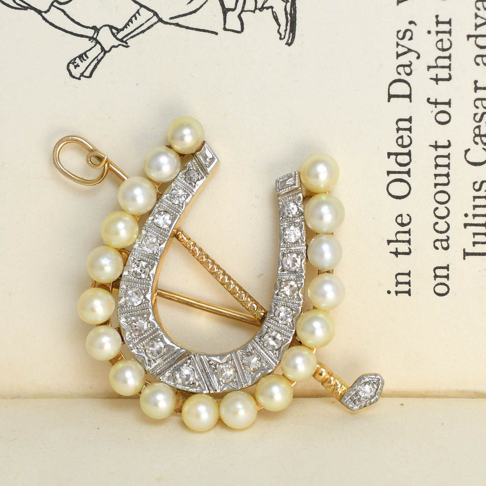 Art Deco Diamond & Pearl Horseshoe and Crop Brooch