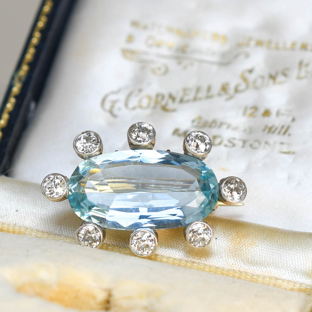 Edwardian 7.33ct Aquamarine & Diamond Satellite Brooch