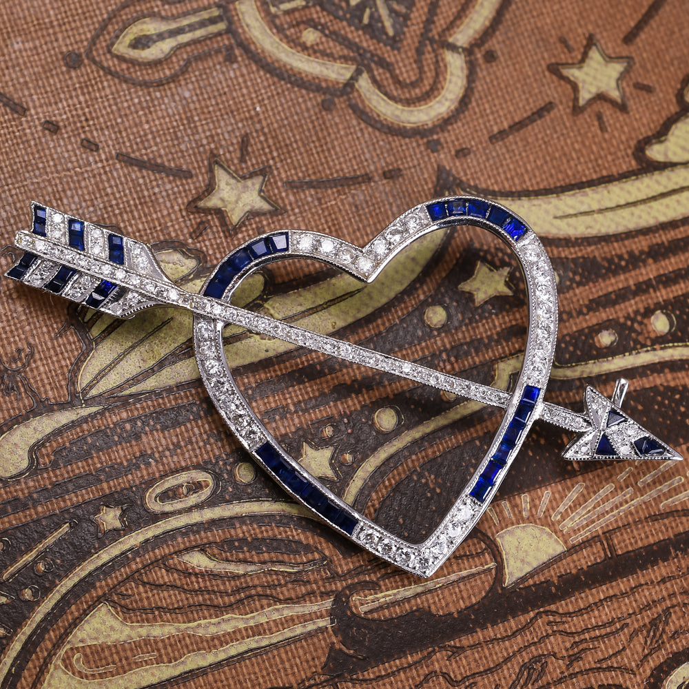 Art Deco Diamond & Sapphire Love Struck Heart Brooch