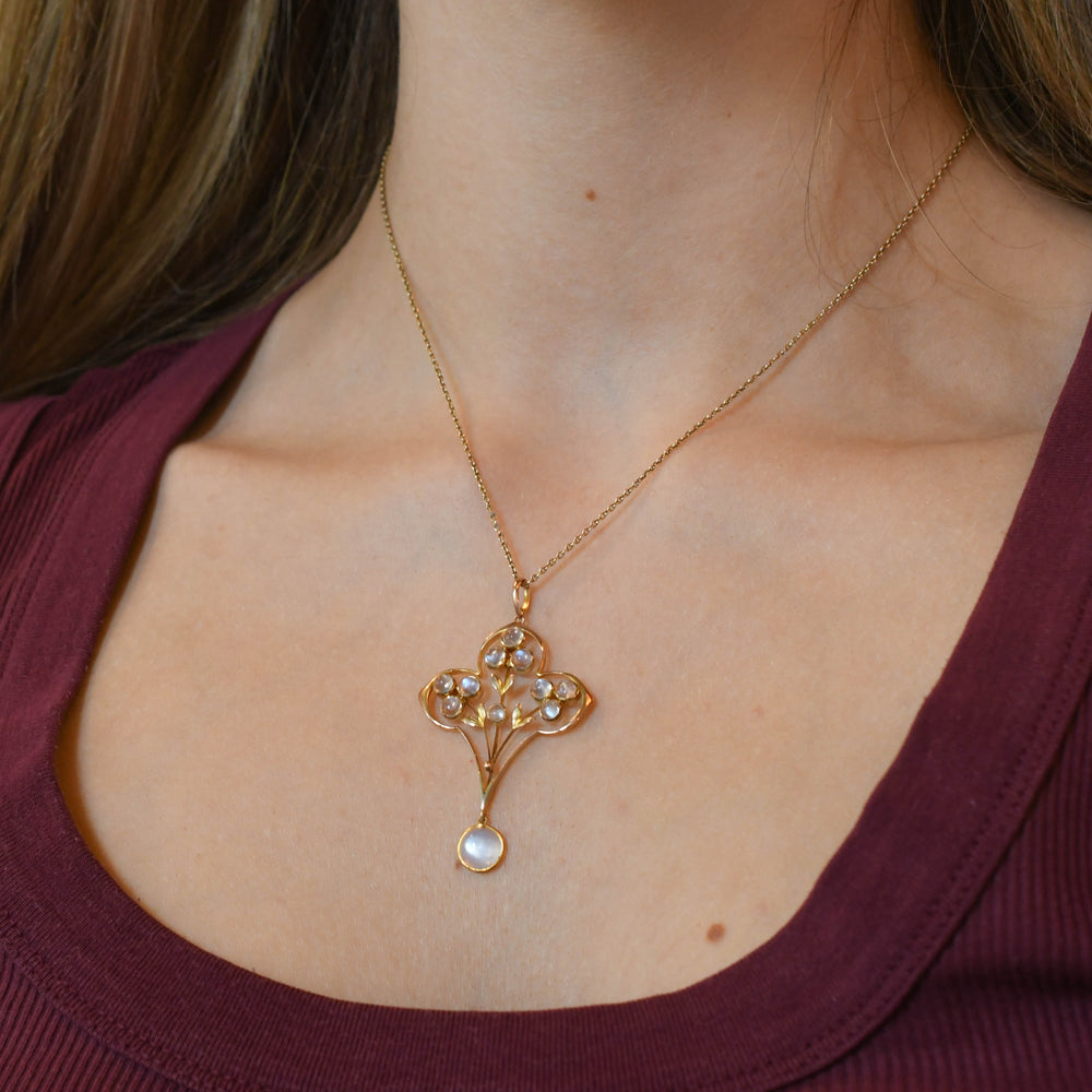 Art Nouveau Moonstone Flower Lavaliere Pendant