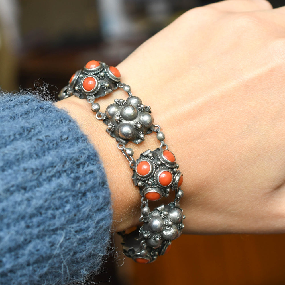 1930's European Coral Silver Pommel Bracelet