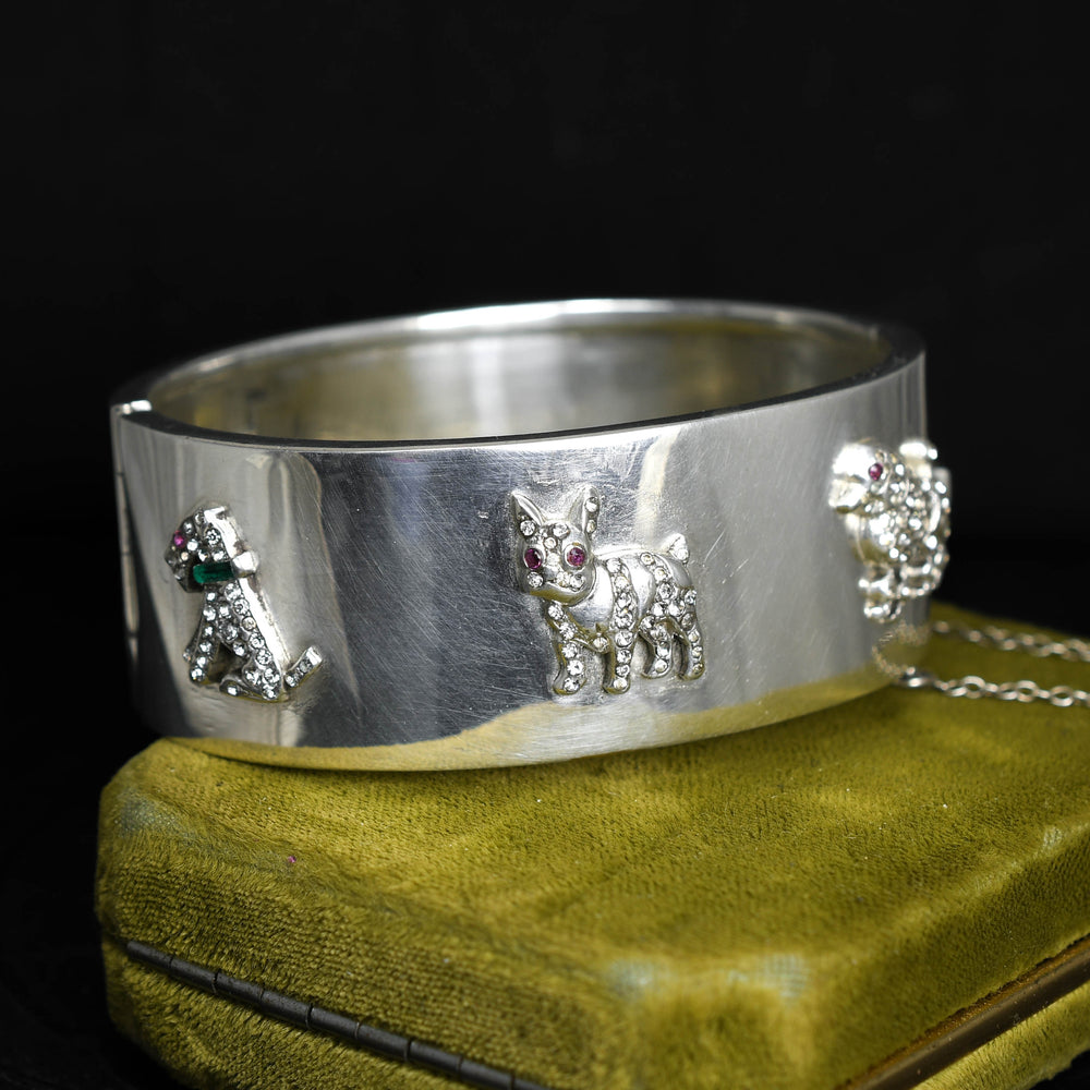 Late Victorian Paste Dog Silver Cuff Bangle