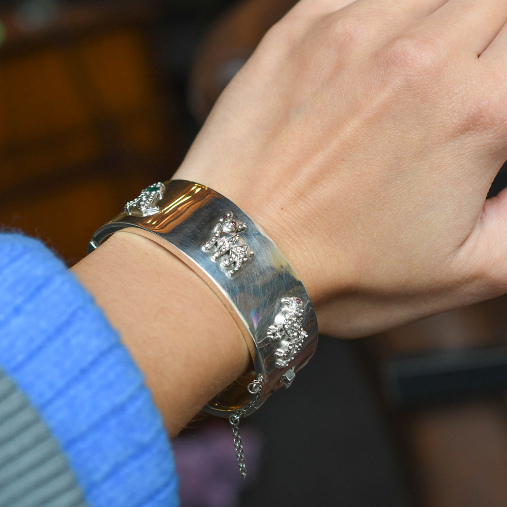 Late Victorian Paste Dog Silver Cuff Bangle