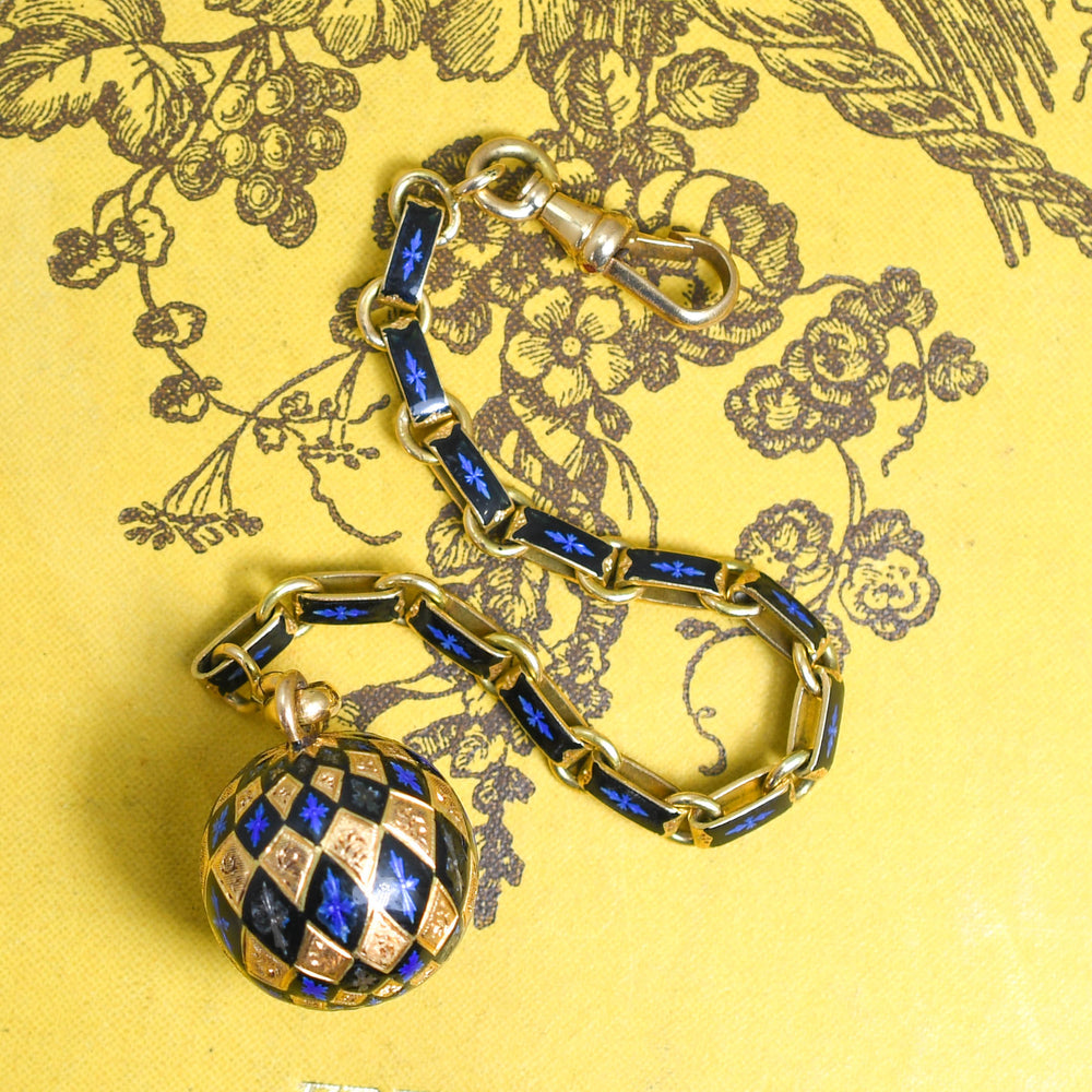 Antique 18k Gold & Enamel Orb Fob & Chain