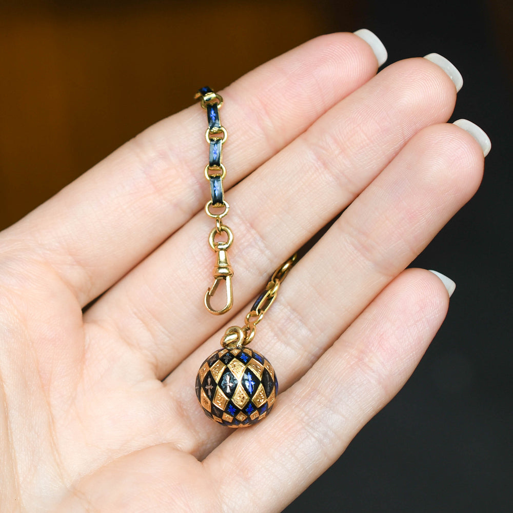 Antique 18k Gold & Enamel Orb Fob & Chain