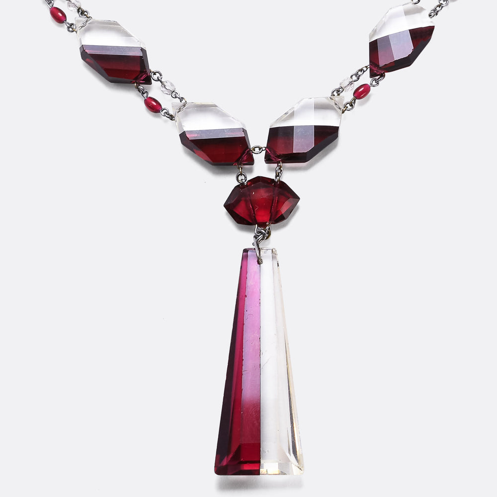 High Art Deco Red & White Glass Drop Necklace