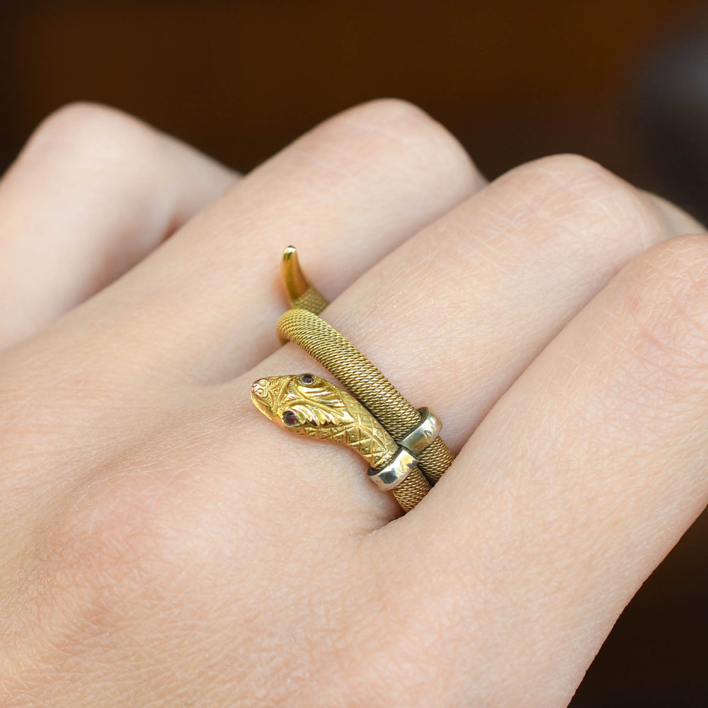 Victorian Garnet & Gold Mesh Coiled Snake Ring