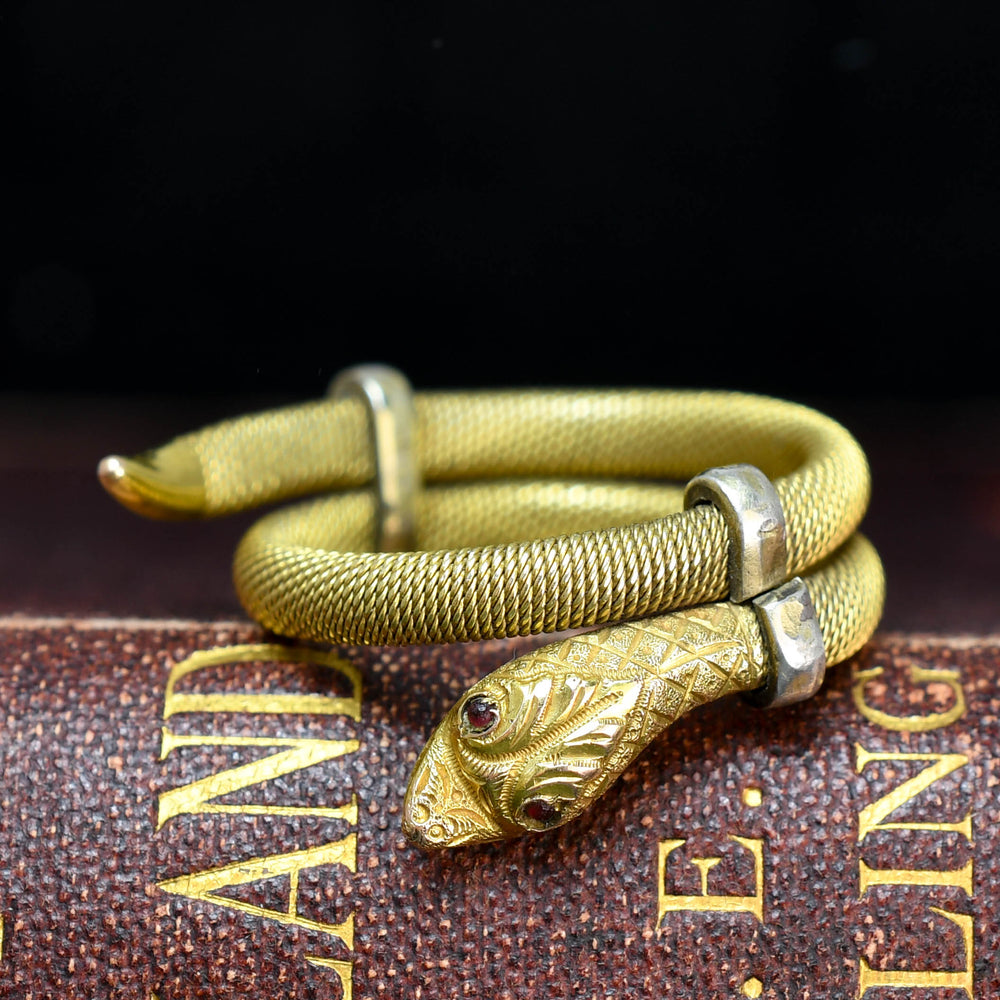 Victorian Garnet & Gold Mesh Coiled Snake Ring