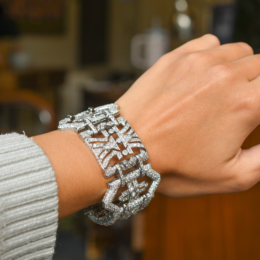 Antique French Deco 30.94ct Diamond Platinum Statement Bracelet