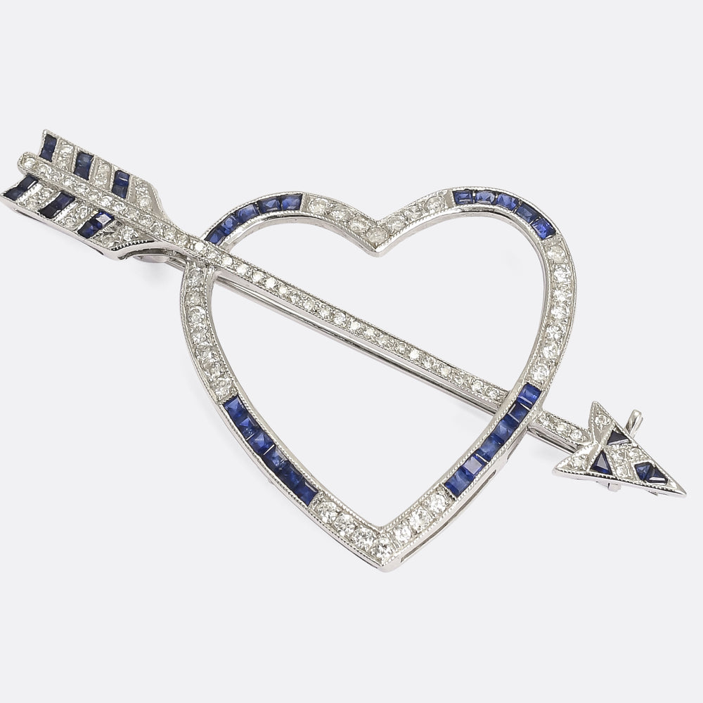 Art Deco Diamond & Sapphire Love Struck Heart Brooch