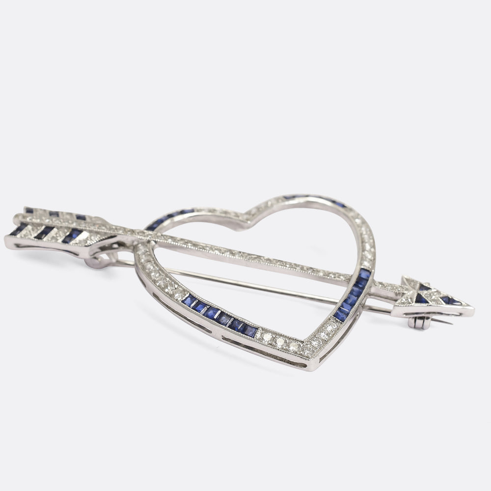 Art Deco Diamond & Sapphire Love Struck Heart Brooch
