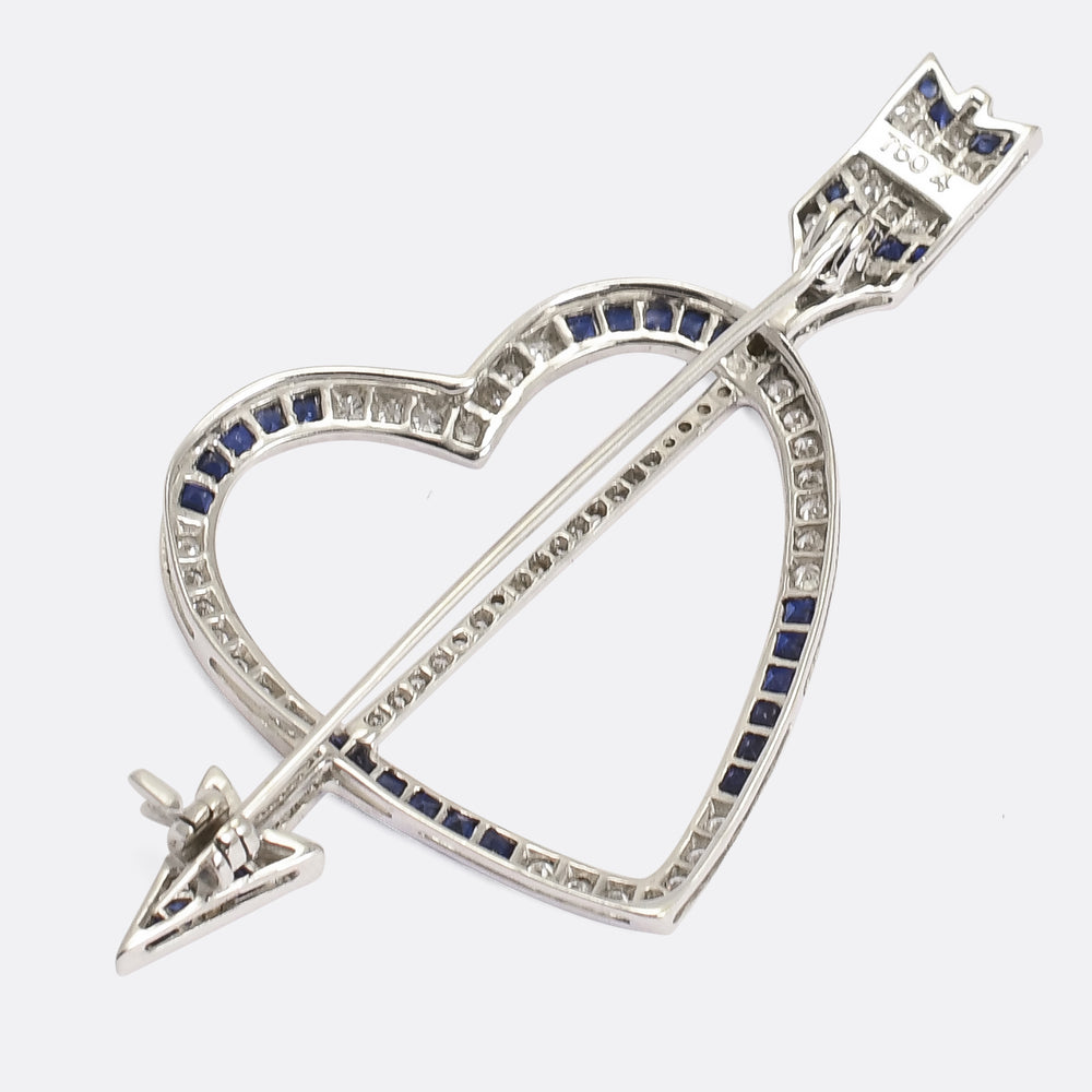Art Deco Diamond & Sapphire Love Struck Heart Brooch