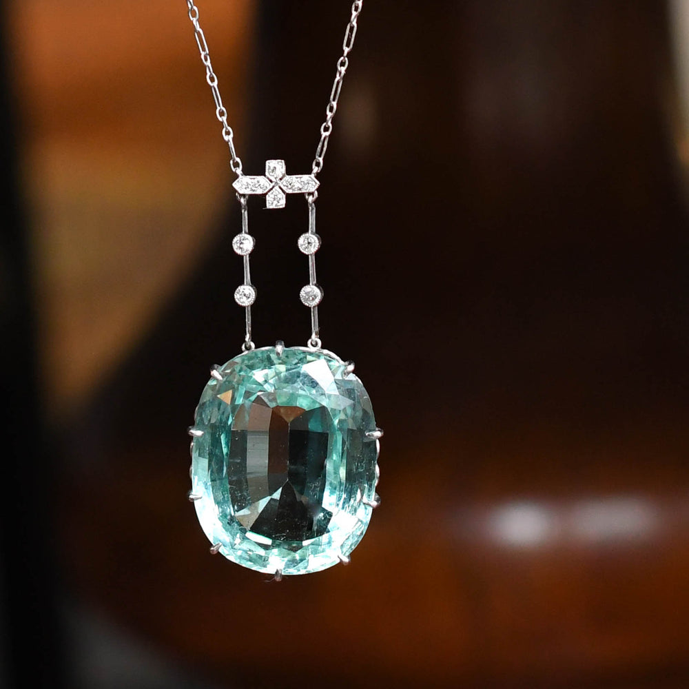 Edwardian 42.96ct Aquamarine Pendant & Diamond Chain