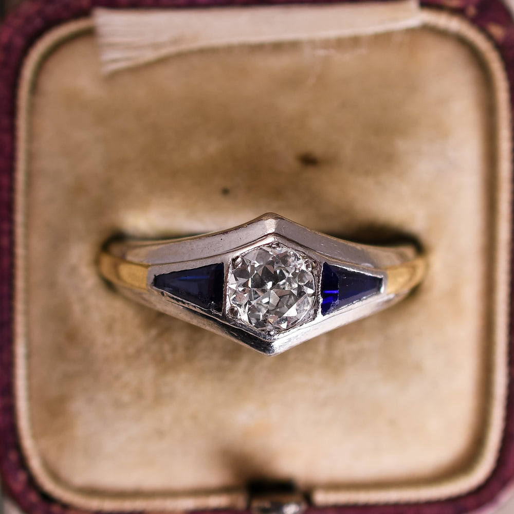 Art Deco French Platinum Sapphire Diamond Pinky Ring