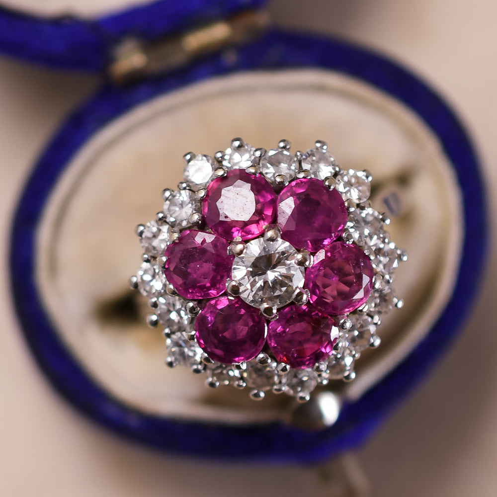 Vintage Burma No Heat Ruby & Diamond Flower Cluster Ring