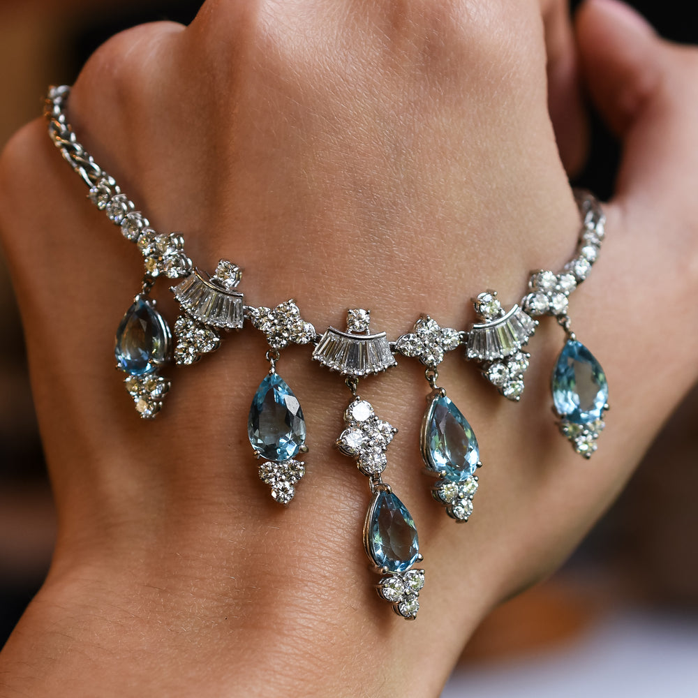 Contemporary Diamond & Aquamarine Multi-Drop Necklace