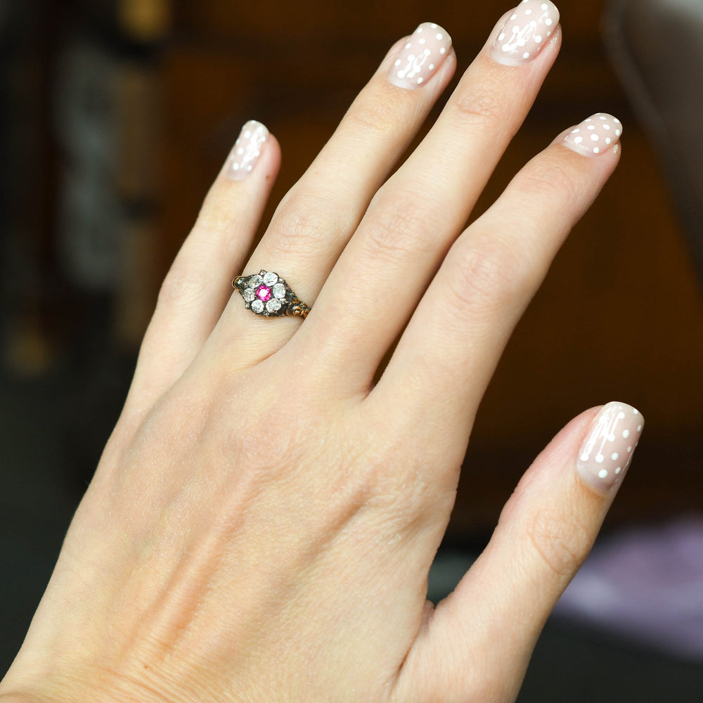 Georgian Burma Ruby & Diamond Enamel Cluster Ring